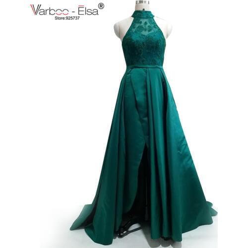 VARBOO_ELSA New Arrival 2018 robe de soiree Yousef aljasm High Neck Formal Arab Evening dress Green Slit prom dress real sample