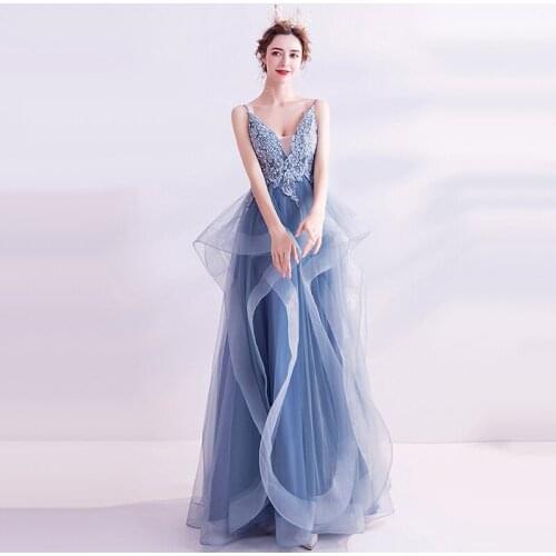 Evening Dresses Illusion V-Neck Sleeveless Spaghetti Strap Sequined Embroidery Backless Lace Tulle Women Formal Party Gown TS040