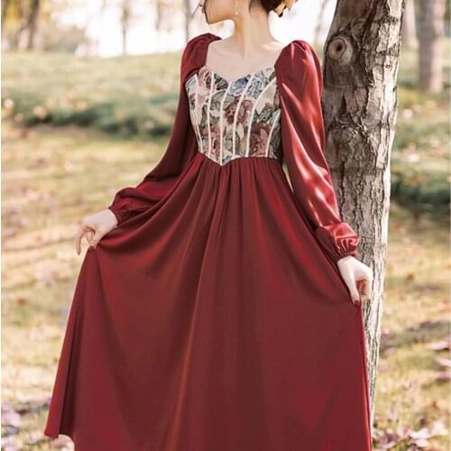 Vintage Oil Paintings Jacquard Red Dress For Slim Lady Retro Royal Style Square Collar Puff Sleeve Princess Dresses Dating Party