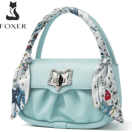 FOXER Women Fashion Fold Messenger Bag Leather Flap Ladies Street Casual Shoulder Bag Unique Silk Scarf Decoration Mini Handbag