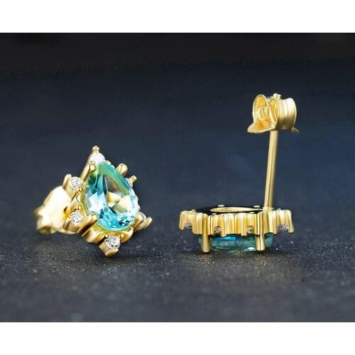 BLACK ANGEL Created Lake Blue Topaz Water Drop Shaped Stud Earrings 2020 New For Women Gemstone 14K Gold Ear Jewelry Wholesale