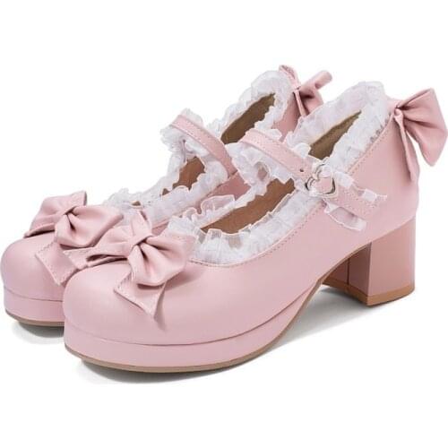 US4-13 Womens Round Toe Bowknot Lace Block High Heels Lolita Belt Buckle Mary Janes Shoes Cosplay Sweet Shoes Plus Size C835