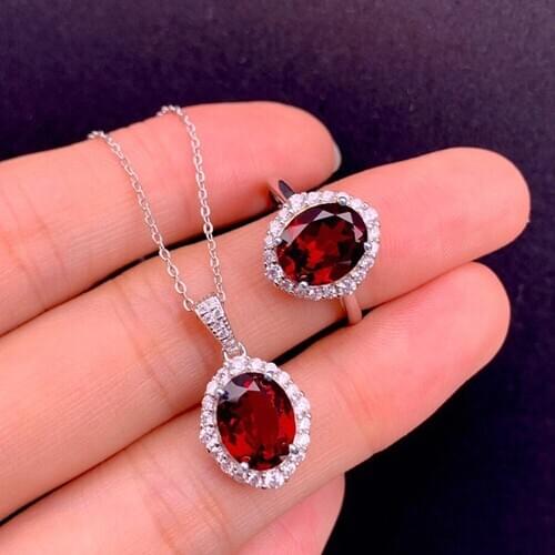 Red Crystal Ruby Gemstones Pendant Necklaces Rings Jewelry Sets for Women White Gold Silver Color Party Bijoux Accessories Gifts