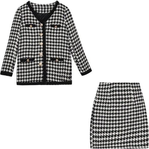PERHAPS U Women White Black Houndtooth Pocket Single-breasted Coat Jacket Empire Mini Skirt Elegant 2 Pieces Set T0304