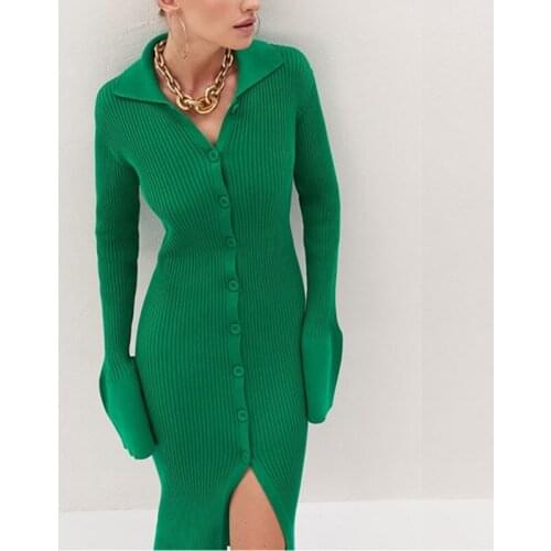 2021 Autumn Knitted Dress Women Long Sleeve Solid Color Casual Sweater Dresses Fashion Street V-neck Single Breasted Sexy Dress
