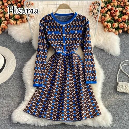 2021 autumn new womens O-neck long sleeve rhombus single buttons knitted A-line dress female Chic elegant waist sweater dresses