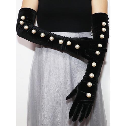 Black Velvet Gloves 2cm Oversized White Pearl String 60cm Long High Elastic Black Gold Velour Womens Evening Party Gloves