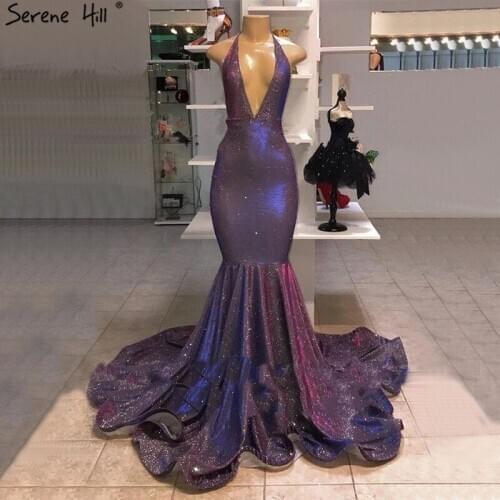 Purple Halters Sexy Simple Prom Dresses 2020 Sleeveless Mermaid Glitter Prom Gowns Serene Hill BLA60965