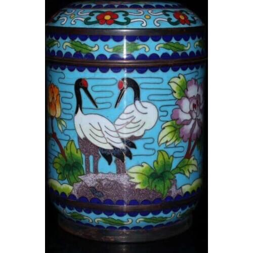 Exquisite collection of old Chinese Purple Copper Cloisonne Crane Flower Pattern Tea Leaf Canister