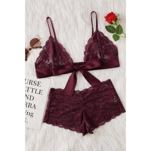 Womens Claret Red Lace & Ribbon Bra Panty Set sexy underwear set women underwear