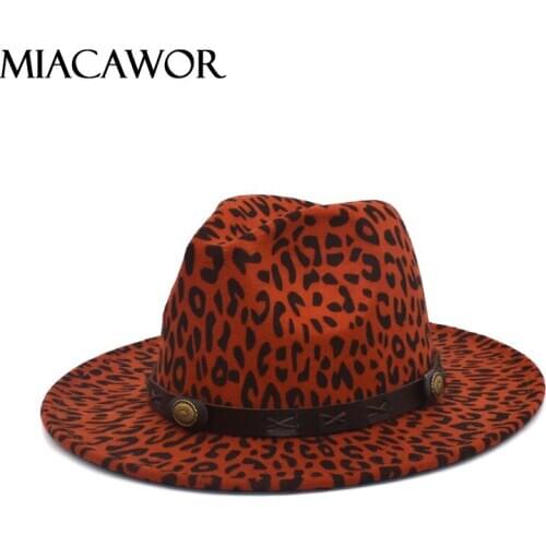 MIACAWOR Simple Unisex Flat Brim Wool Felt Jazz Fedora Hats Men Women Leopard Grain Leather Band Decor Trilby Panamal Hats F93