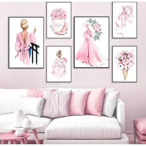 Fashion Girl High Heel Pink Flower Dance Shoes Wall Art Canvas Painting Nordic Posters And Prints Wall Picture Living Room Decor