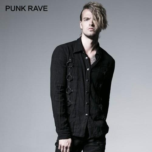 PUNK RAVE Rock Fashion Curde Grain Punk Heavy Vintage Metal with Iron Hoop Men Black Long Sleeve Men Shirts Tops Harujuku