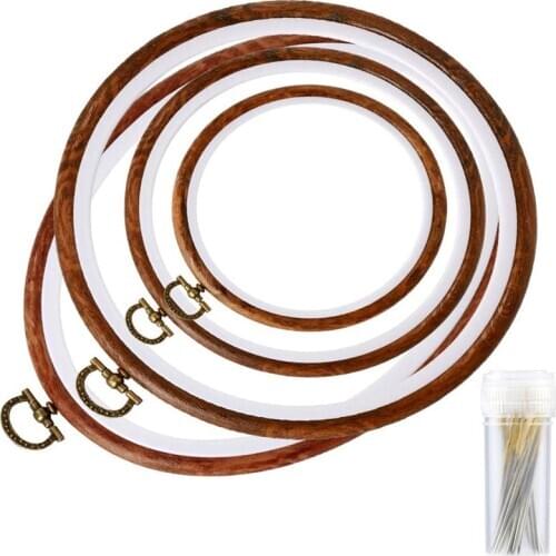 LMDZ 4 Pack Embroidery Hoop Ring Wood Display Frame Circle and Oval Embroidery Kits with 30pcs Large Eye Embroidery Needles
