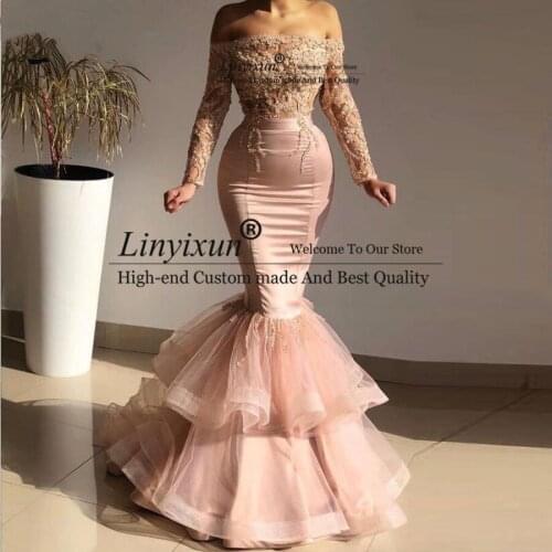 Charming Pink Appliques Lace Mermaid Prom Dresses Full Sleeves Off The Shoulder Ruffles Tutu Bottom Formal Evening Dress