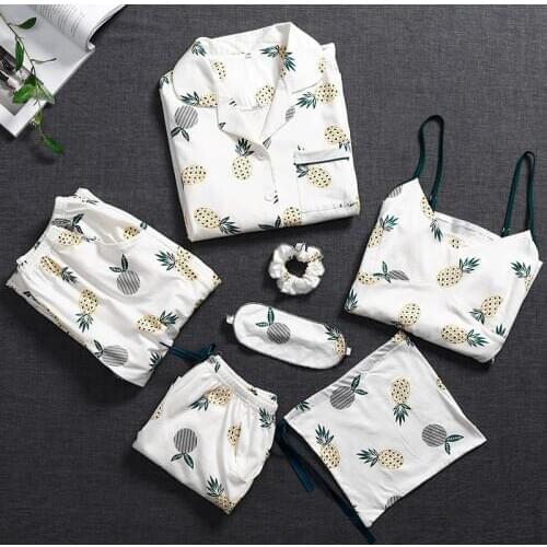 7-piece/lot Spring Women Pajamas Sets Sexy sleepwear Pyjama for women polyester Pajama Set Womens pijama Sleepwear Home Wear