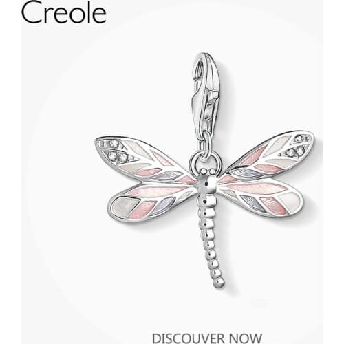 Charm Pendant Pink Dragonfly,2019 New Fashion Jewelry Trendy Pure 925 Sterling Silver Gift For Women Girls Fit Bracelet Necklace