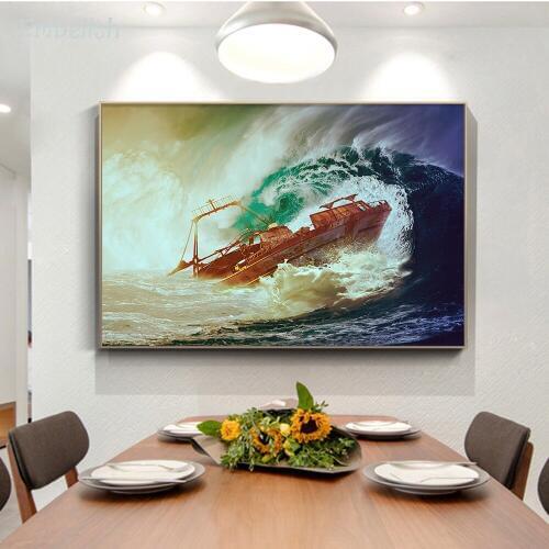 Embelish 1 Pieces Big Ship On The Wave Landscape Modern Home Decor Pictures For Living Room HD Canvas Painting Bedroom Posters