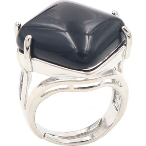 YJXP Silver Plated Rhombus Shape Black Agates Adjustable Finger Ring Engagement Jewelry