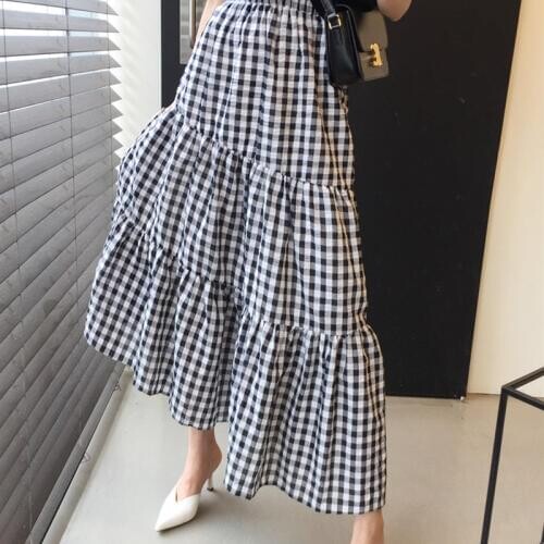 Hzirip New Elastic Waist Fashion Casual Trend Wild Lattice Contrast Color Stitching 2021 Elegant Gentle Asymmetrical Long Skirt