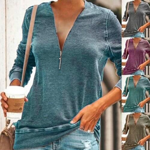 Woman Tshirts 2021 Trade Pass Hot Style Zipper v-neck Splicing long-sleeved T-shirt Female Harajuku T Shirt Women BX191024