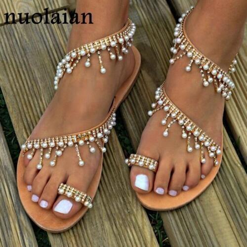 2019 Spring Women Sandals Summer Shoes Flat Pearl Sandal Shoe Woman String Bead Slippers Womens Casual Sandals Big Size Flats