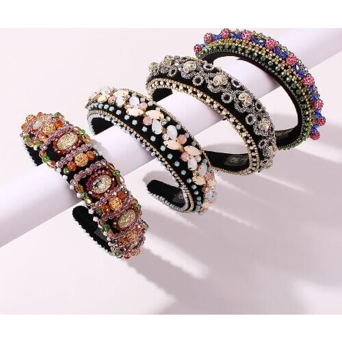 Vintage Crystal Hairbands Women Colorful Bead Headbands Handmade Wide Hair Bands Ladies High Quality Hair Accessories Ornament
