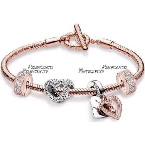925 Sterling Silver Rose Gold Sparkling Freehand Heart With Crystal Pendant Beaded Bracelet For Women Wedding Fashion Jewelry