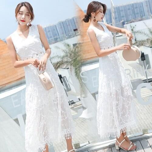 Womens 2020 Summer Sleeveless Dress Women High Waist Lace O-Neck New Ladies Waist Korean Embroidered Hollow Dresses Female Z943
