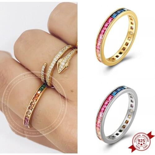 Plated 24K Gold/925 Silver Rainbow Rings for Women Geometry Wedding Engagement Ring Charming CZ Jewelry