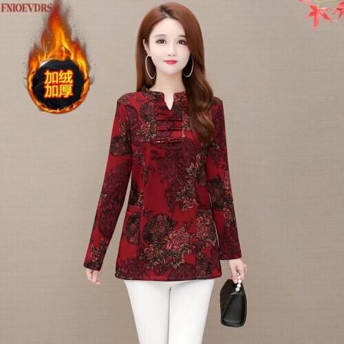 Winter Spring Basic Wear Warm Velvet Women Fashion Printing Plus Size Clothes Cotton Blend Tunic Tops And Blouses