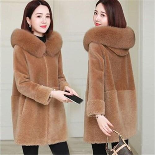 2020 Sheep Shearling Coat Mid-Length Autumn Winter Fox Fur Collar Hooded Thick Warmth Slim-Fit Faux Fur Coat Female Trend 175
