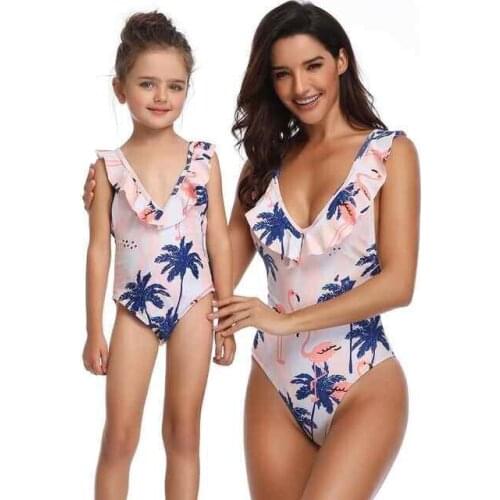 2021 Fashion New Printed Solid Color One-piece Childrens Swimsuit High Waist Sexy Beach Bikini High Elastic Parent-child Wear