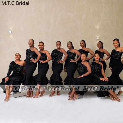 One Shoulder Black Mermaid Short Bridesmaid Dresses Long Sleeve Glitter Sequins Satin African Maid Of Honor Party Gown Plus Size