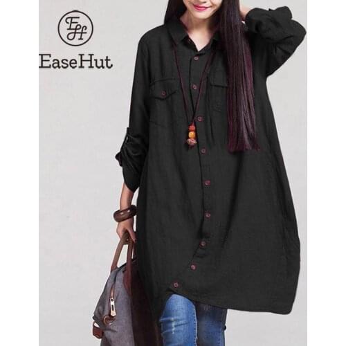 EaseHut Plus Size Women Vintage Long Sleeve Linen Blouses Female Shirts Ladies Casual Shirt Long Tops Pocket Button Blusas 5XL