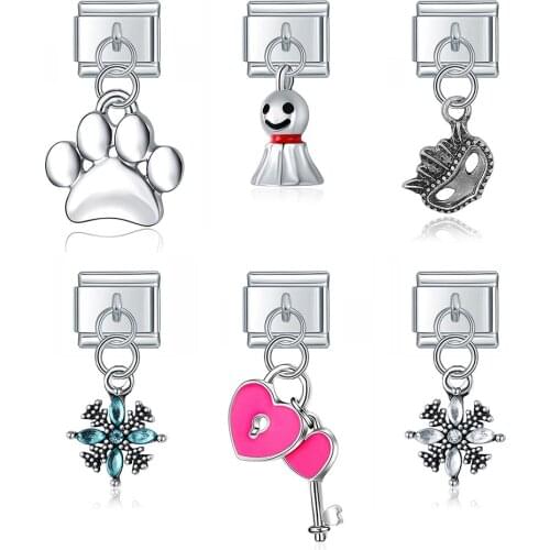 Hapiship Original Daisy Pink Heart Key Flower Mask Italian Links Charm Fit 9mm Bracelet Stainless Steel Jewelry Making DJ087