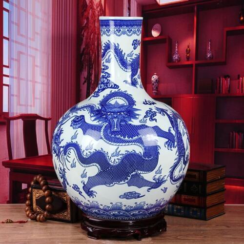 Ceramics blue and white porcelain dragon large floor vase antique decoration