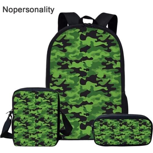 Nopersonality 3Pcs/Set Cool Green Camo Print School Bookbag for Kids Stylish Teen Boys Girls Schoolbag Casual Book Bags 16Inch