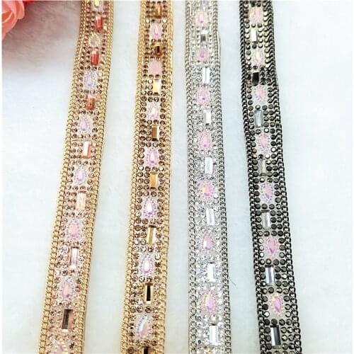 50cm Sewing Trim Crystal Motif Strass Hot Fix Rhinestones Tape Ribbon Applicator With Chain Iron On Appliques For Clothing