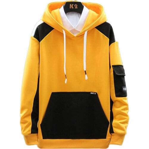 Mens Pullover Hoodies 2021 Spring Patchwork Sweatshirt Japanese Streetwear Harajuku Hip Hop Oversized Yellow Hoodie Men Clothes