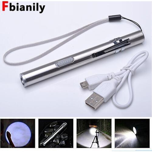 New Pocket Tactical Flashlight Torch LED Pen USB Rechargeable Build in Battery Pen Light Hanging With Metal Clip and USB Cable