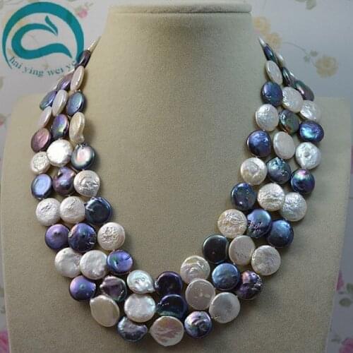 Unique Pearls Jewellery Store New Style 3 Rows White Black Coin Real Freshwater Pearl Choker Necklace Magnet Clasp Women Jewelry