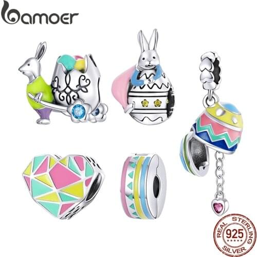 Bamoer Real 925 Sterling Silver Easter Rabbit Eggs Colorful Heart Enamel Charm Original for DIY Jewelry Girls Kids gift SCC1754