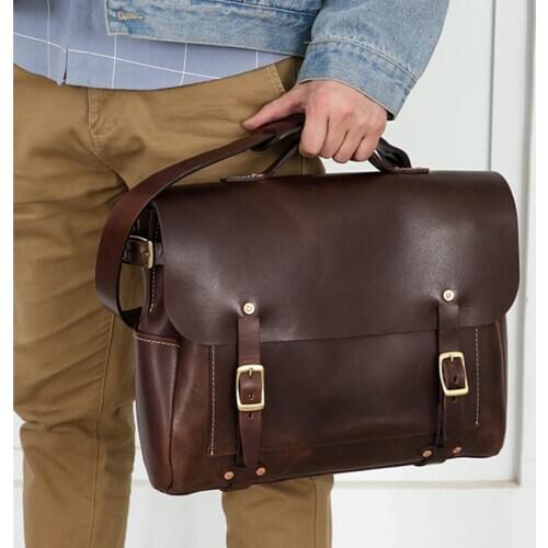 Handmade Men Handbags Genuine Leather Casual Totes Man Handbag Messenger Bags Portable Computer Bag Brass fittings