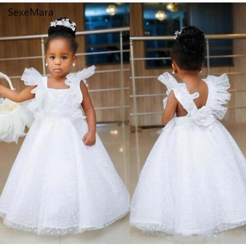 White Lace Puffy Tulle Baby Girls Clothes for Birthday Party Long Kids Dresses for Wedding Party Communion Gown Custom Made