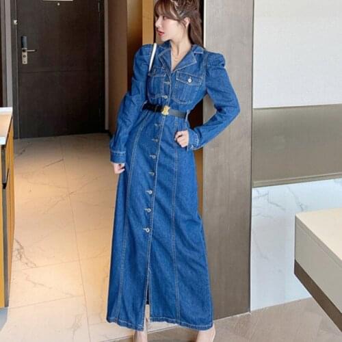 Vintage Turn-down Collar Casual Slim Denim Dress Women Chic Single-breasted Full Sleeve Women Split Jeans Dress Femme 2021