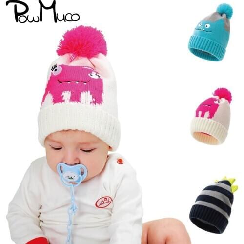 Powmuco 20*18 CM Knitted Wool Hat with Cartoon Monster Pattern Fashion Striped Dinosaur Caps Baby Girls Warm Bonnet Kids Gifts