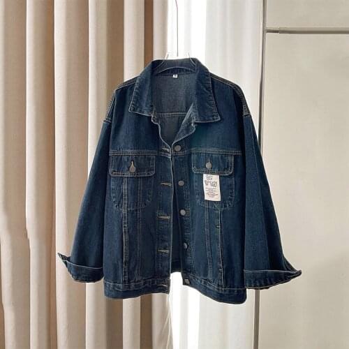 Oversize 2021 Autumn New Large Size Loose Dark Blue Denim Jacket Female Trend Simple Fashion Women Jeans Coats e199
