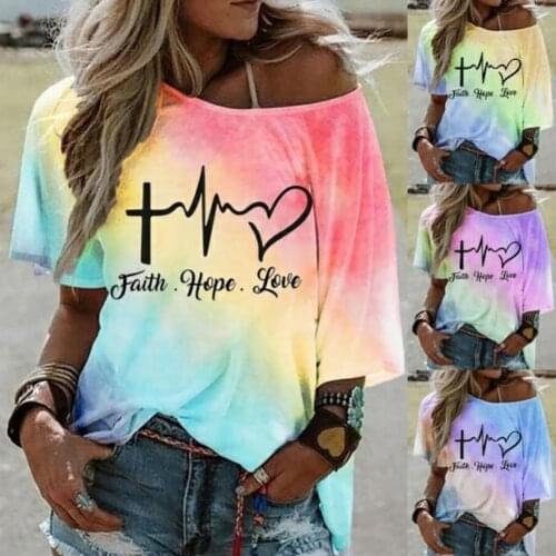 Women T-Shirt Tee Short Sleeve Female Tops Shirts Short Sleeve Loose Female Women Oblique Shoulder Printing T-shirt for Work Tee