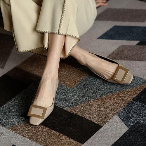 Genuine Leather Women Shoes Sheepskin Womens Shoes Square Gead Womens Whoes Cat Heel Shoes Retro Casual Shoes